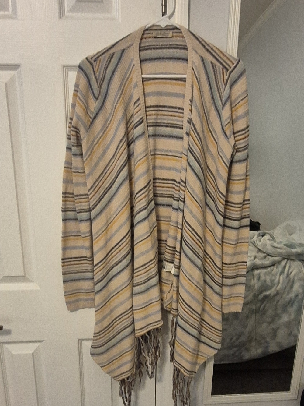Lucky Brand Striped Open-Front Fringe Cardigan in Cream, Blue & Yellow